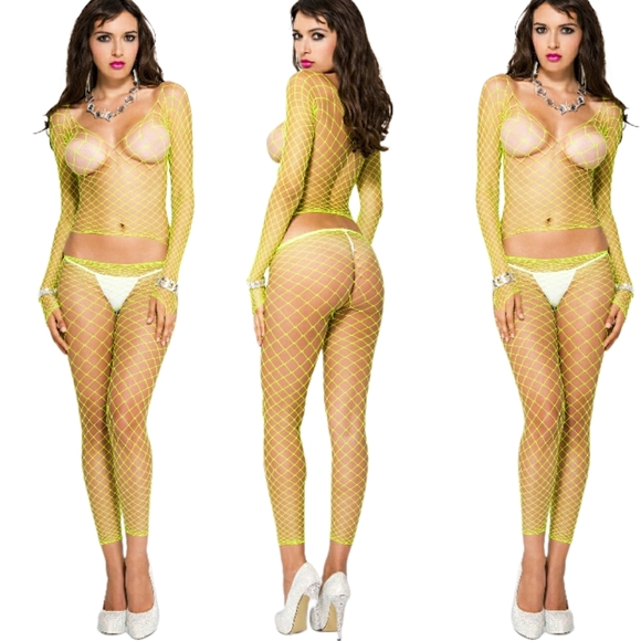 Sexy Neon Green Long Sleeve Big Diamond Net Cami And Capri Pant Set - Picture 2 of 10